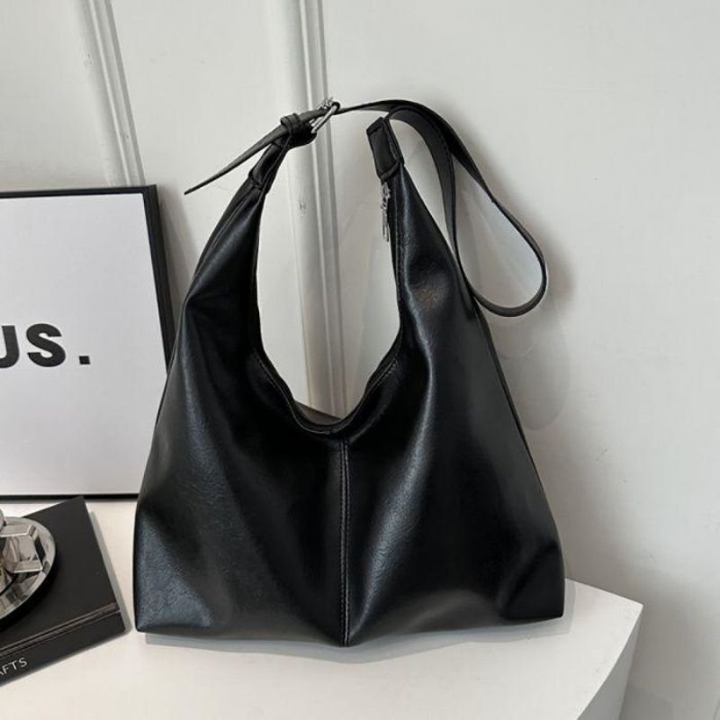 Minimalist Black Oversized Slouchy Shoulder Bag, Soft Leather Casual Daily Work Handbag
