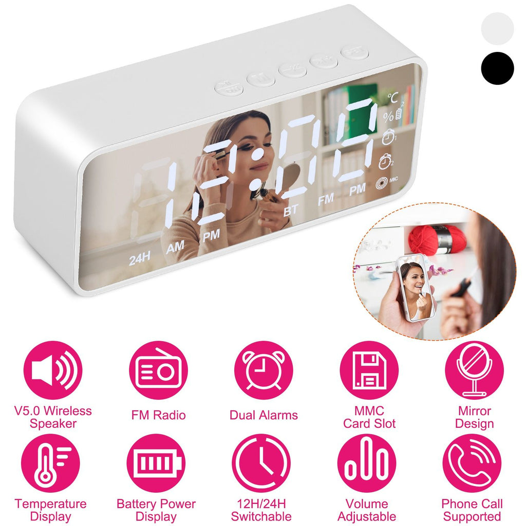 Mirror Digital Alarm Clock LED V5.0 Wireless Speaker Clock with FM Radio