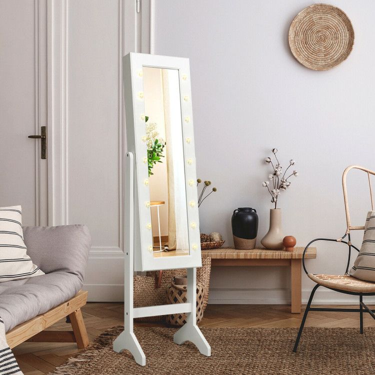 Mirrored Standing Jewelry Armoire Cabinet with LED Lights