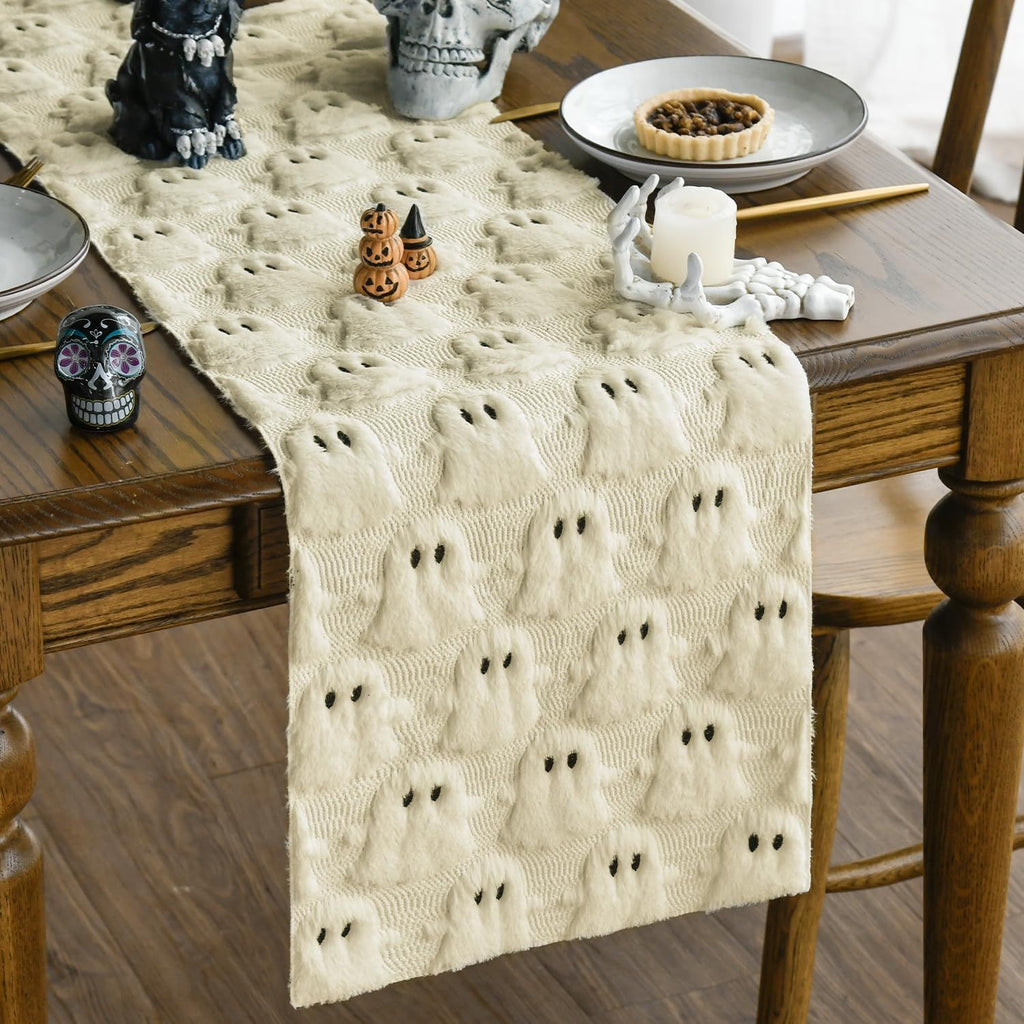 Mode Beige Ghost Soft Plush Faux Fur Jacquard Halloween Table Runner