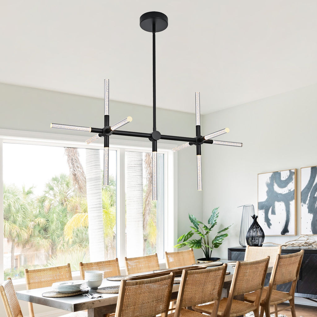 Modern 12-Light LED Linear Chandelier with Bubble Crystal Columns, Matte Black/Brushed Nickel Metal Frame, Dimmable Ceiling Light for Dining Room & Living Room