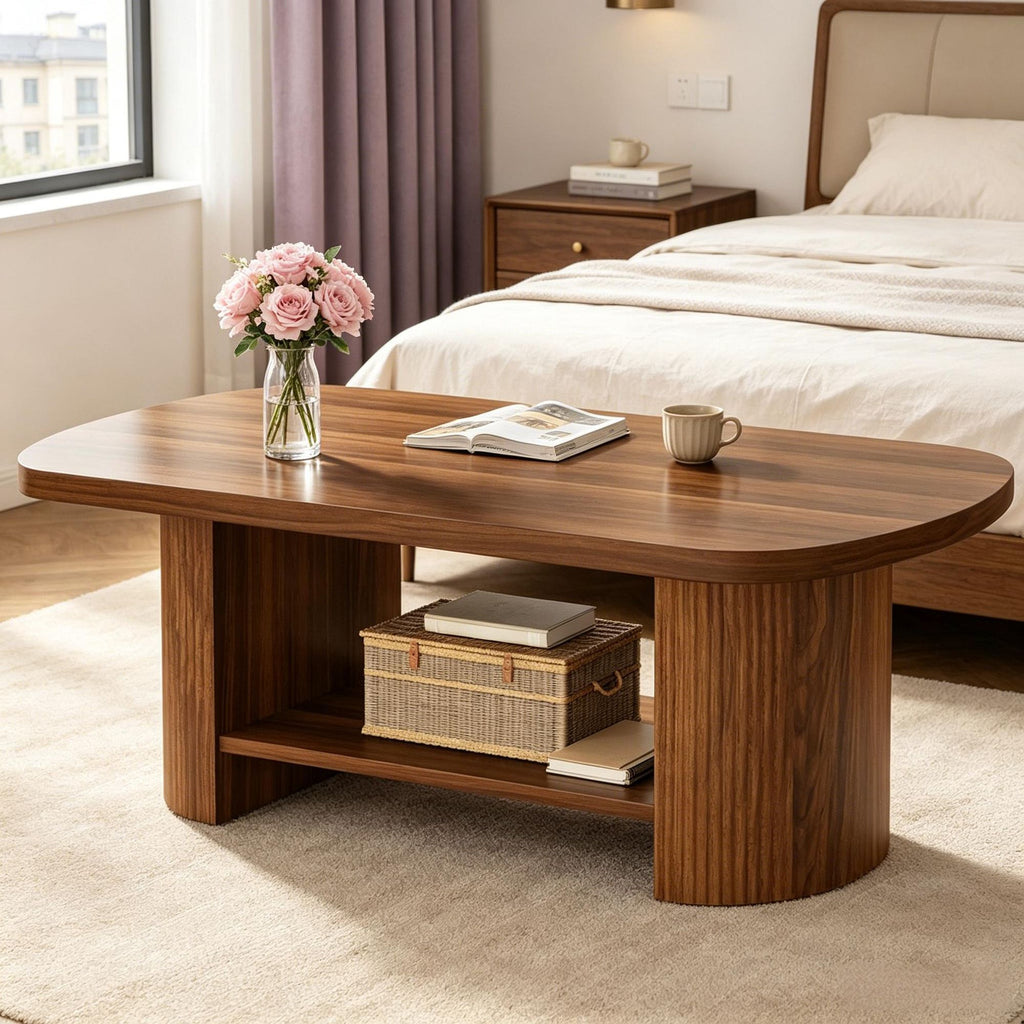 Modern 45 Inch Oval Coffee Table with Storage 2-Tier Center Table for Living Room Furniture