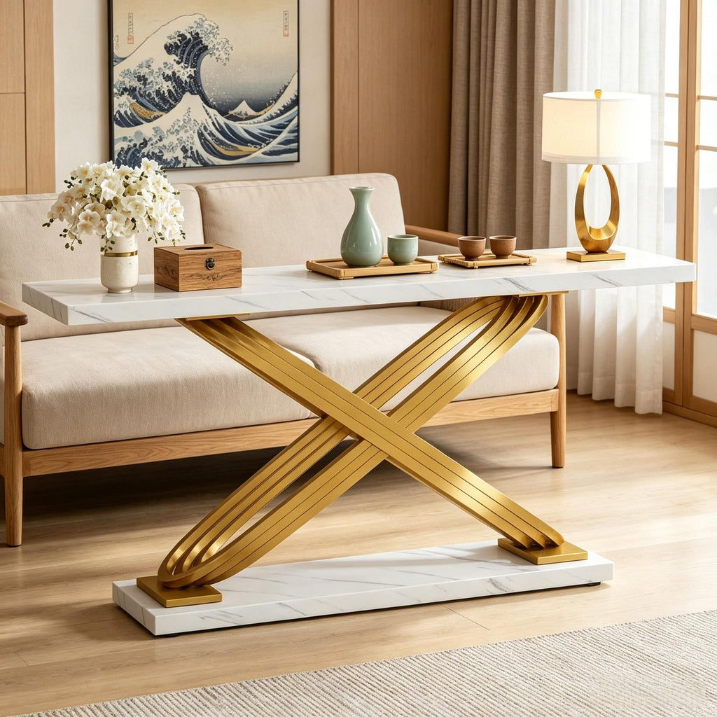 Modern 55-Inch Faux Marble Console Table Sofa Entryway Table for Living Room Decor