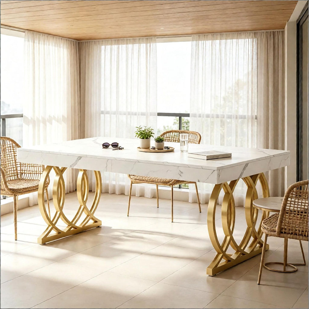 Modern 63 Inch Dining Table Faux Marble Tabletop
