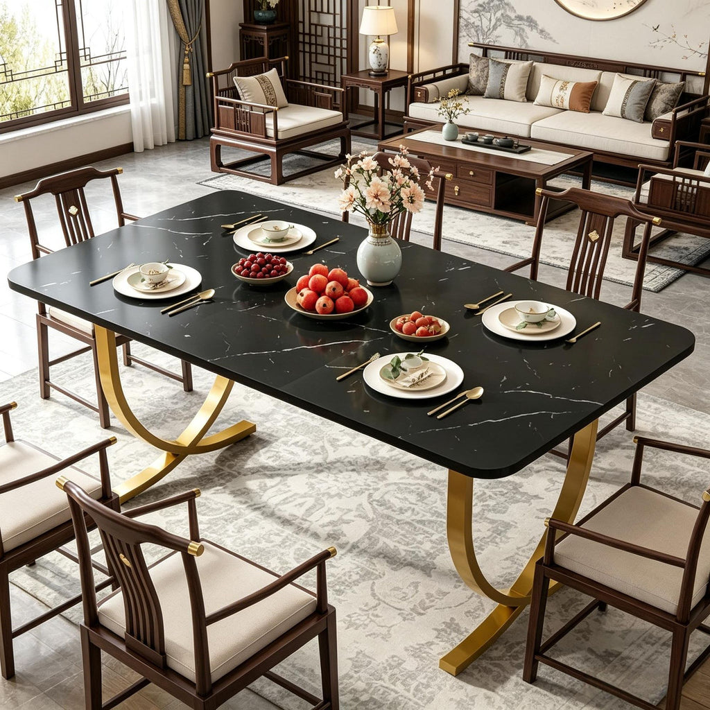 Modern 63 Inch Kitchen Table Gold Metal Legs Faux Marble Rectangular Dining Table