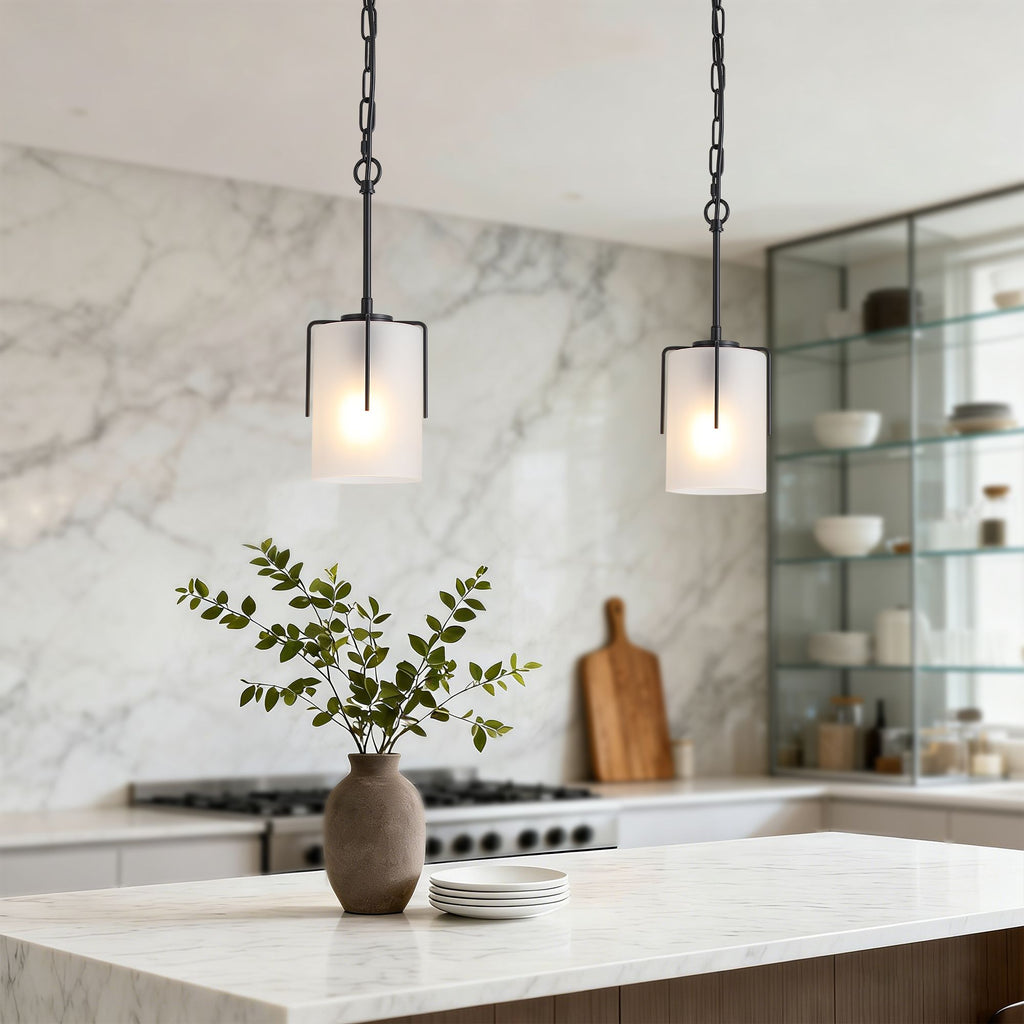 Modern Adjustable Cylindrical Pendant Light, Milky White Frosted Glass & Black Metal Frame, E26 Base, Compatible with Flat/Vaulted/Sloped Ceilings, Ideal for Kitchen Island, Dining Room, Bedroom