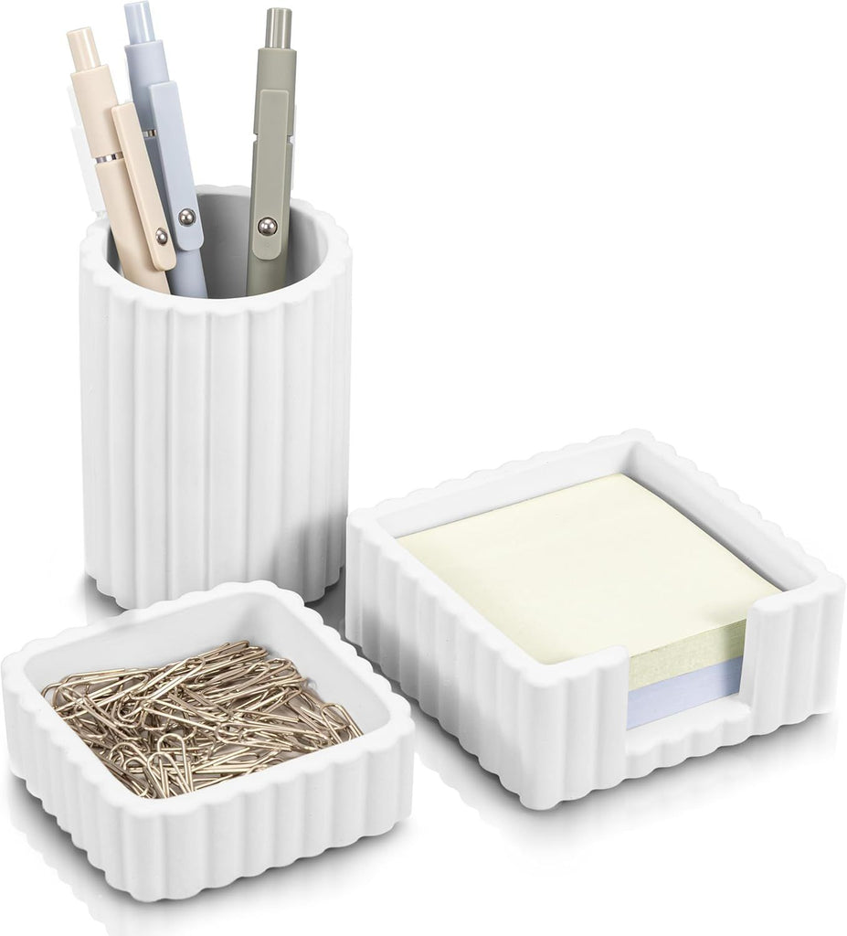 Modern Aesthetic Desk Accessories Set of 3 - Stylish Concrete Organizers for Pens & Office Supplies - A Cute and Functional Addition to Your Workspace Decor
