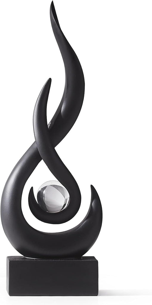 Modern Black Sculpture Decor: Flame Statue with Glass Ball Resin Abstract Art Figurines Unique Centerpiece for Living Room TV Stand Coffee Table Office Decor
