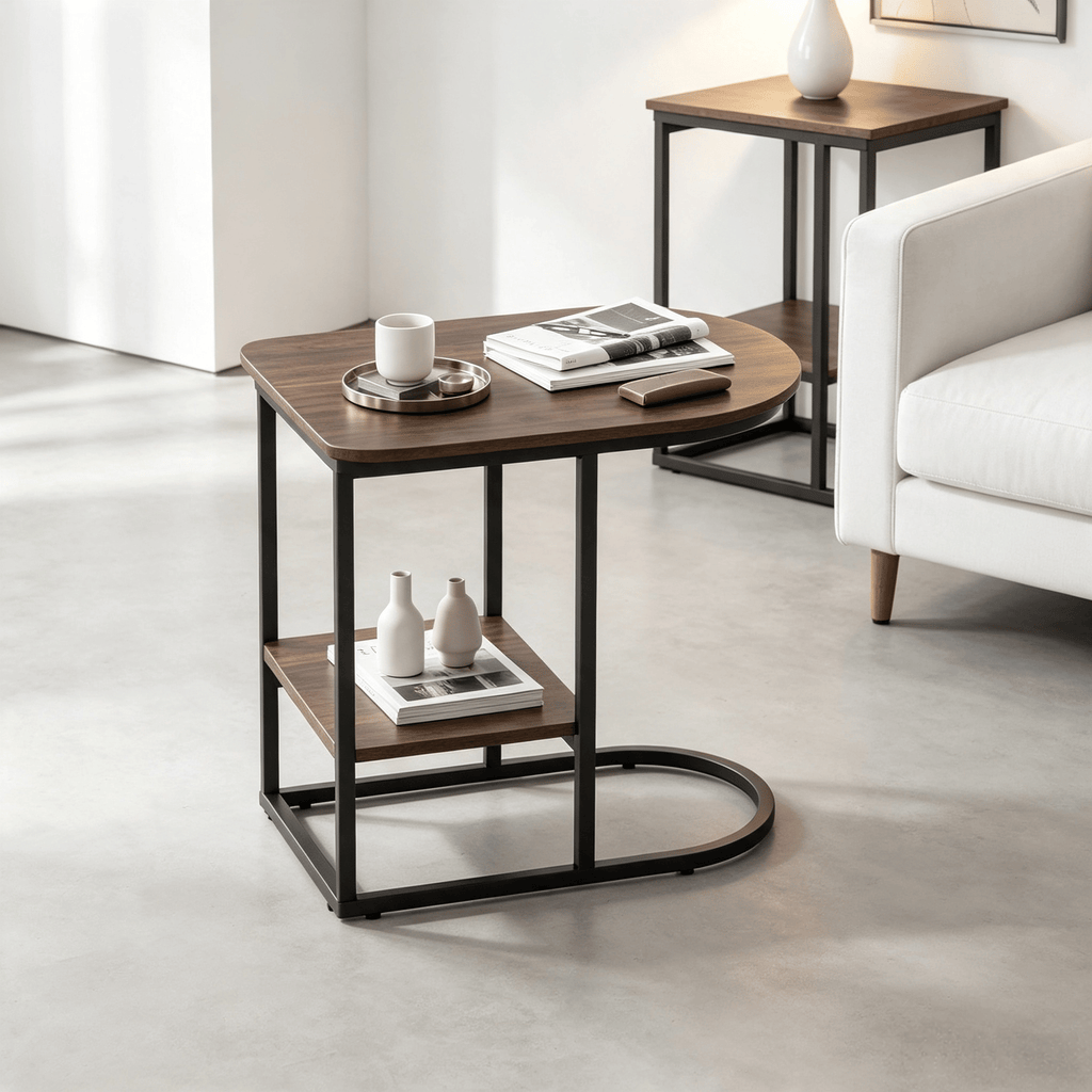 Modern C-Shaped Sofa Side Table with Faux Marble Tabletop And Storage Shelf Home Decor Coffee Table Living Room Furniture