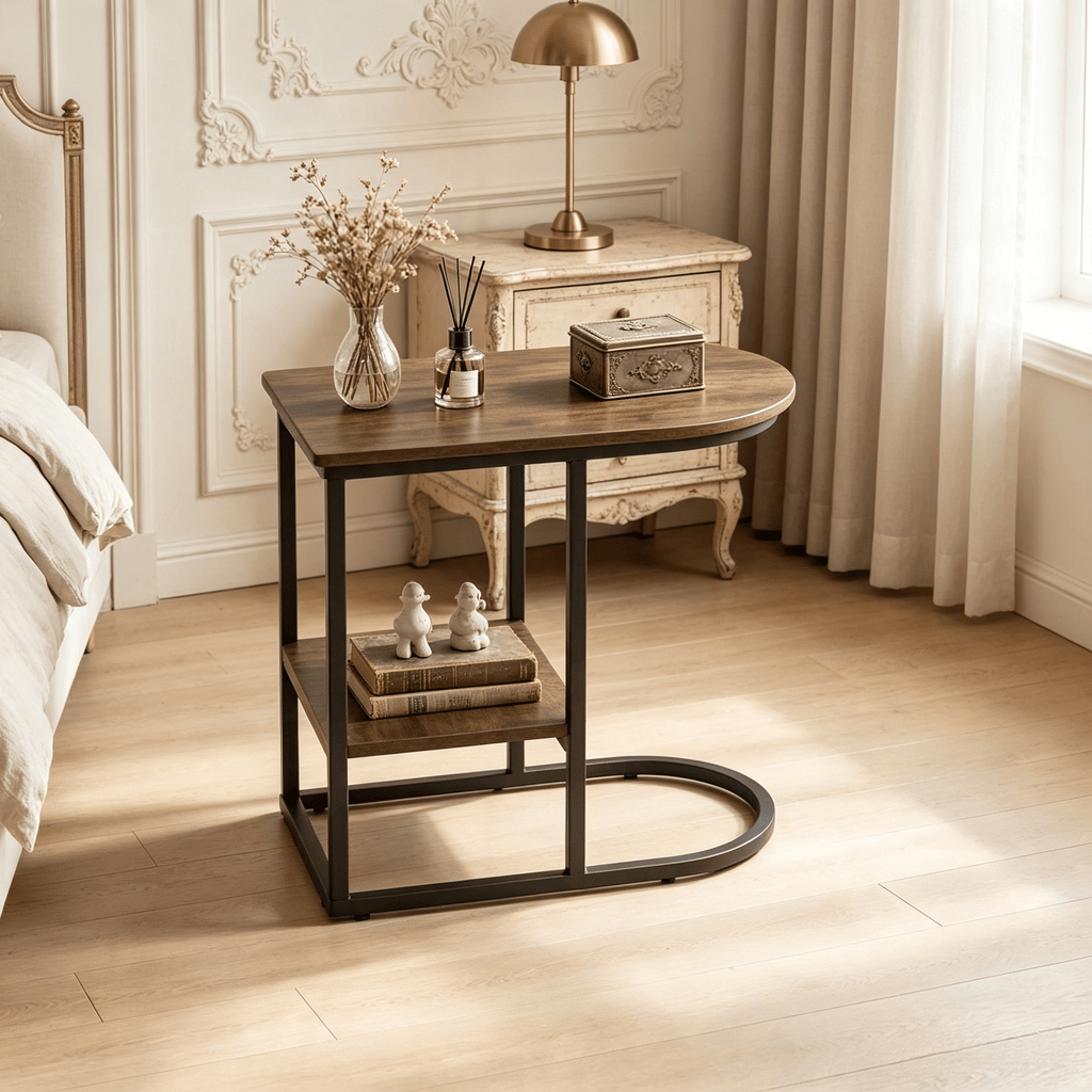 Modern C-Shaped Sofa Side Table with Storage Shelf  Marble Tabletop Living Room End Table