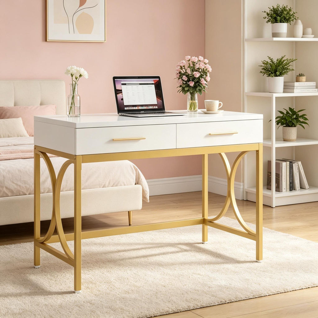 Modern Computer Desk 41 Inch Home Office Writing Desk with 2 Drawers for Writing And Small Spaces