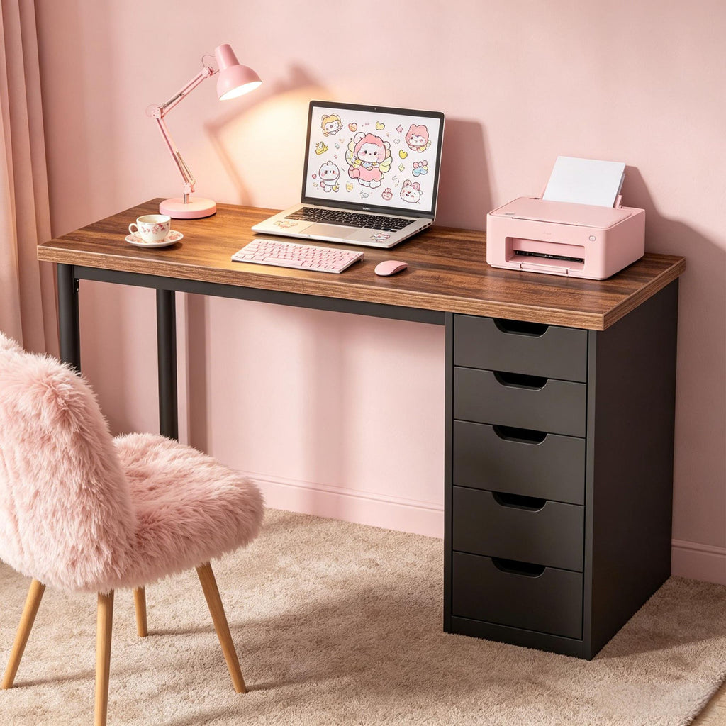 Modern Computer Desk with 5 Drawers 47 Inch Study Table Writing Desk for Home Office