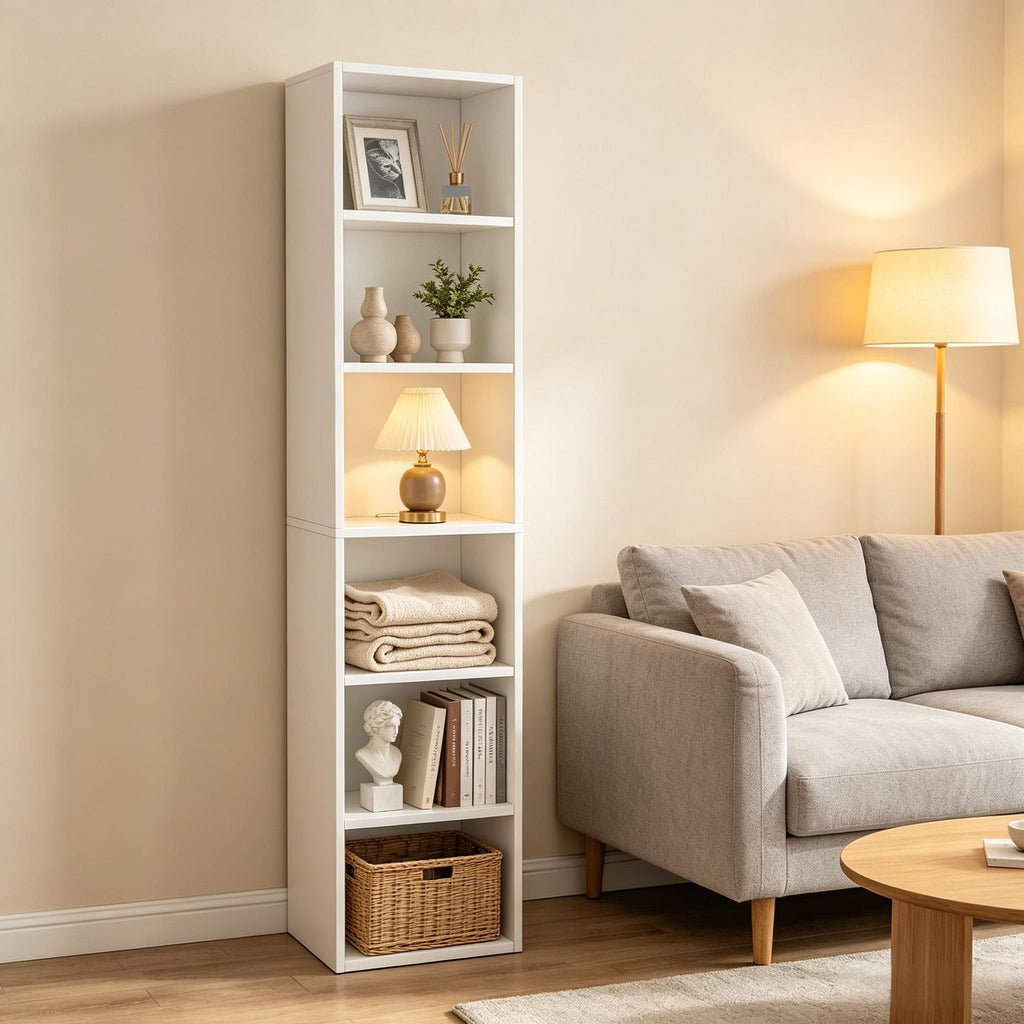 Modern Corner Bookcase 70.9 Inch 6-Tier Narrow Cube Display Shelves for Living Room Bedroom Office White