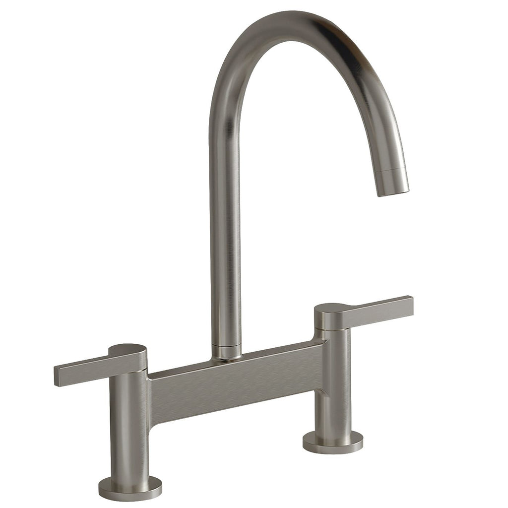 Modern Double Handle 2 Holes Deck Mount Bridge Kitchen Faucet With 360 Swivel Spout Sink Faucet In Brushed Nickel