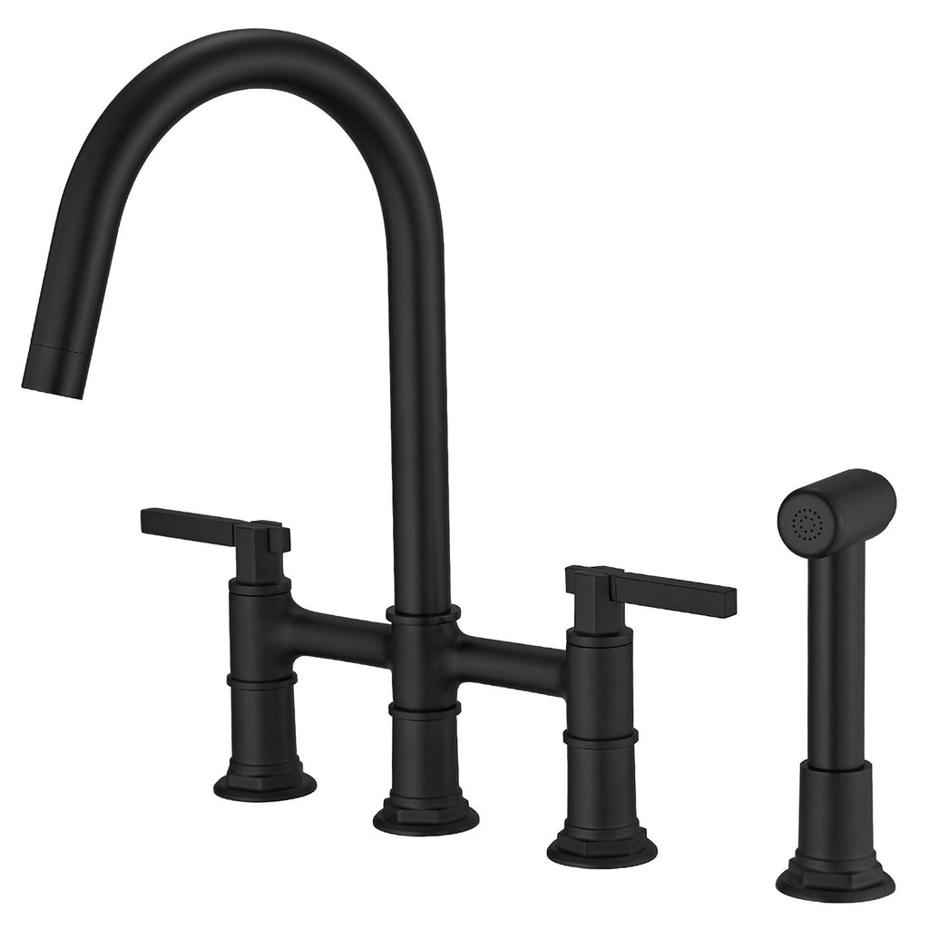 Modern Double Handle 4 Holes Deck Mount Bridge Kitchen Faucet With Side Sprayer Sink Faucet 360 Swivel Spout In Black