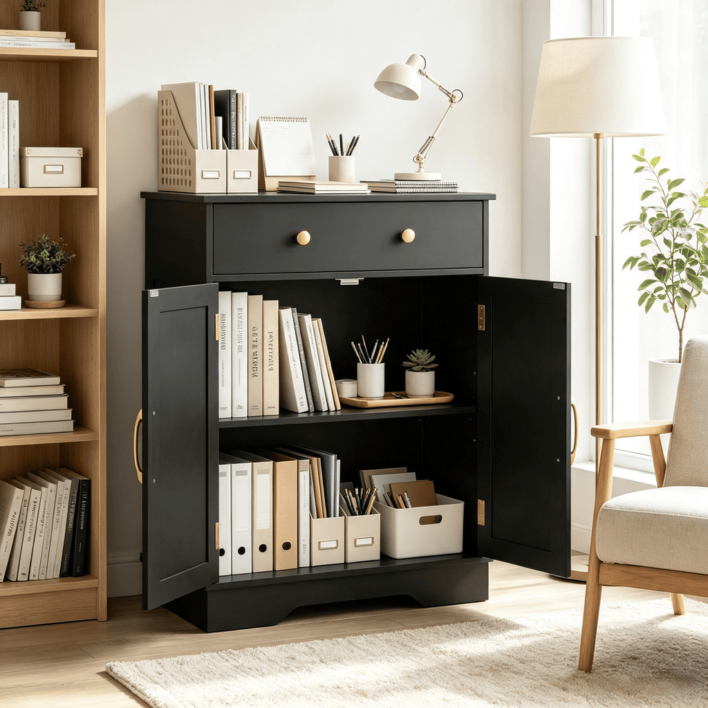 Modern Floor Storage Cabinet with Doors - Buffet Sideboard Featuring Drawer And Adjustable Shelf for Home Organization