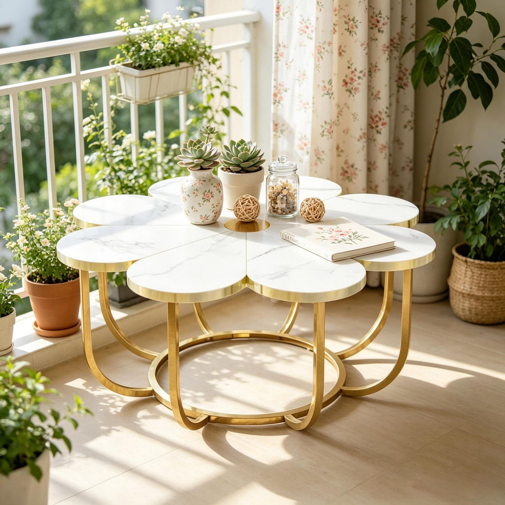 Modern Flower-Shaped Coffee Table Faux Marble Top Center Table Unique round Living Room Table