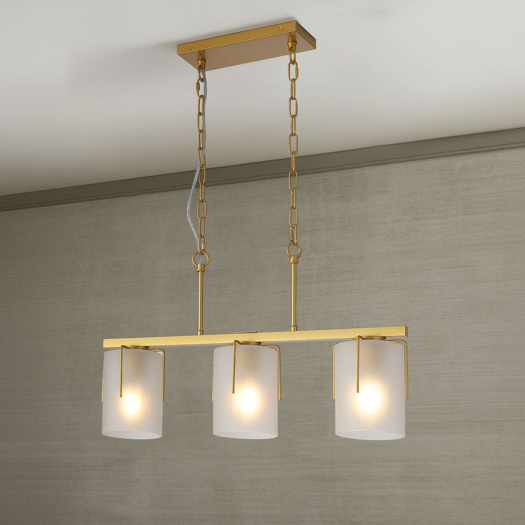 Modern Gold 3-Light Linear Chandelier, E26 Base, Adjustable Height Pendant Light with Milky White Frosted Glass Shades, Industrial Kitchen Island Lighting for Dining Room (Bulbs Not include)