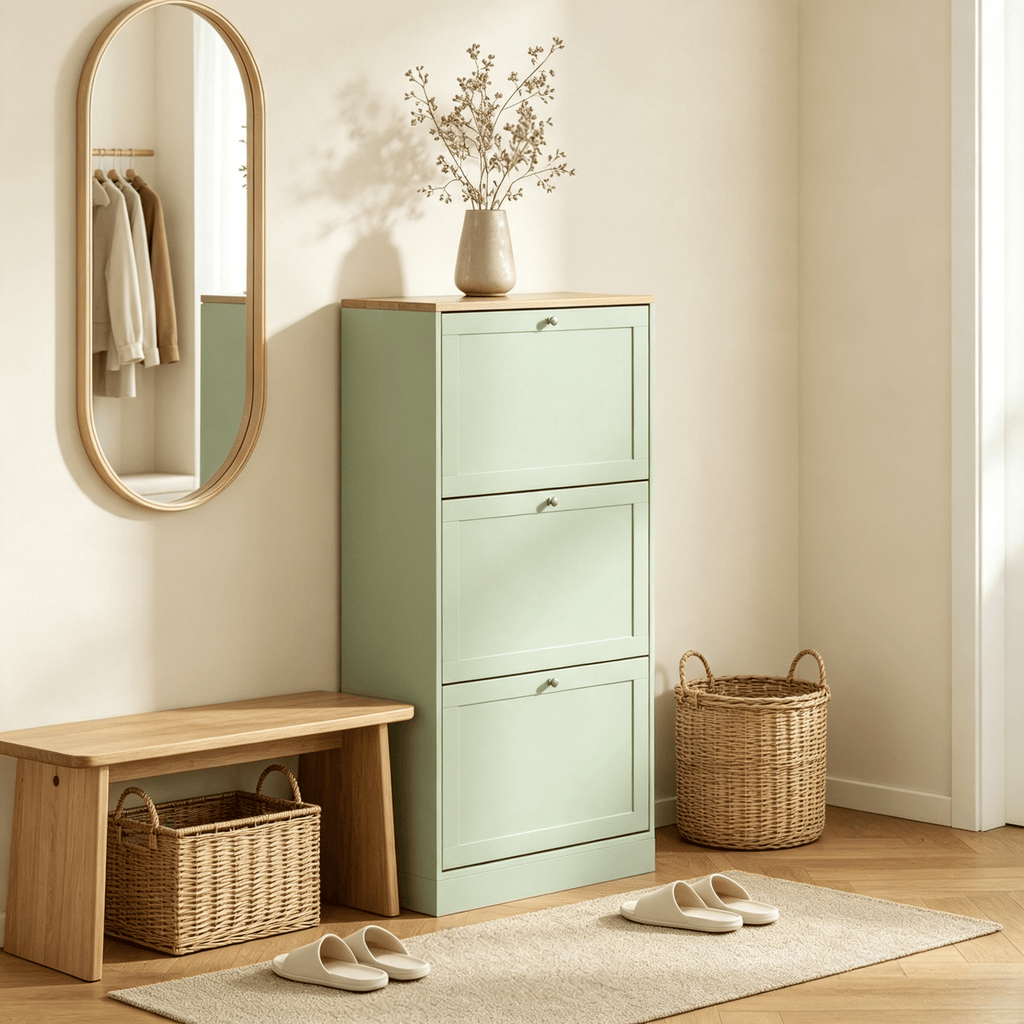 Modern Green Shoe Storage Cabinet 3 Flip Top Drawers Adjustable Shelves for 12-18 Pairs of Shoes Home Organization