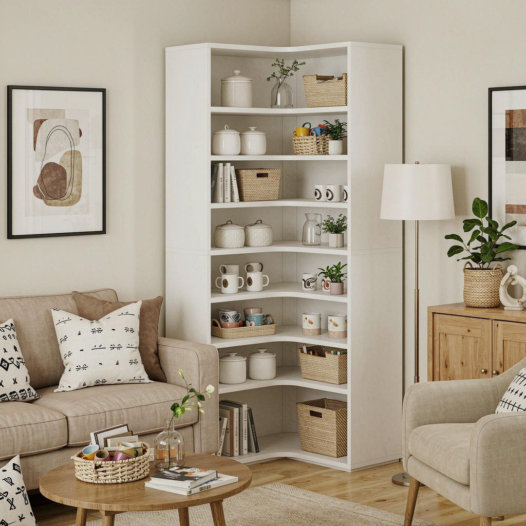 Modern L-Shaped 9-Tier Corner Bookshelf Display Shelf Home Office Storage Organizer