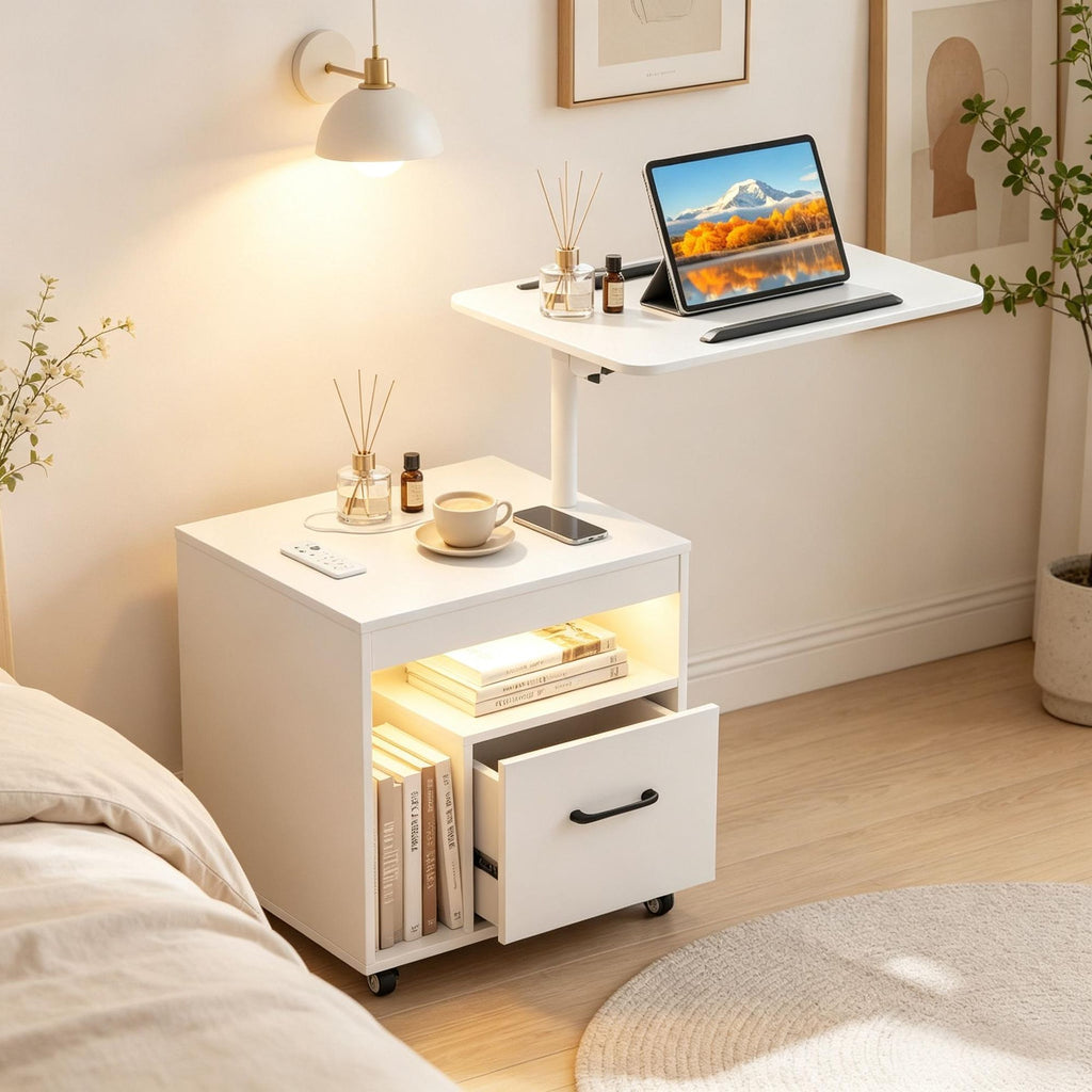 Modern LED Nightstand with Power Outlets Flip-Over Bedside Table for Reading And Storage