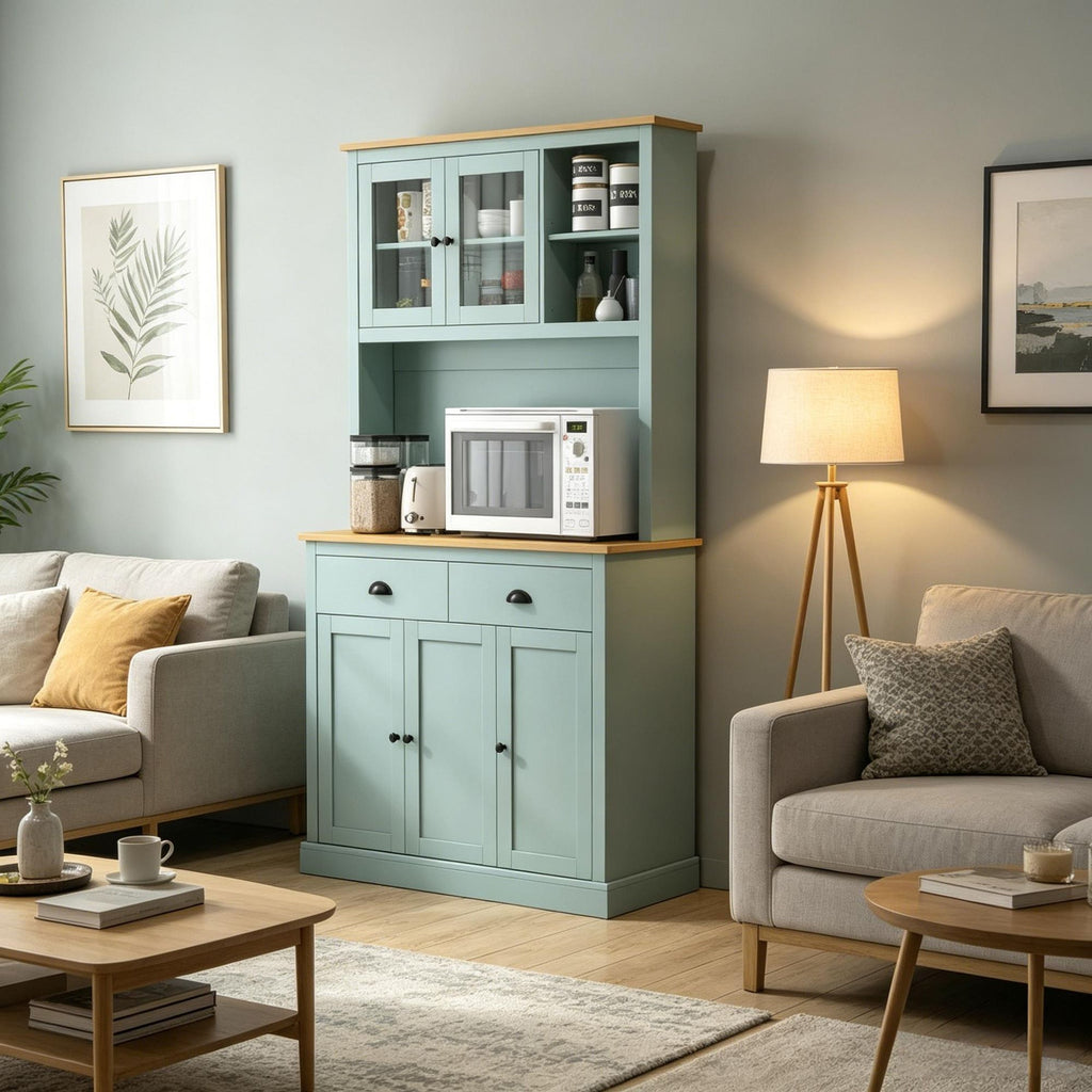 Modern Light Green Kitchen Pantry Storage Cabinet with Microwave Stand 71 Inch Open Countertop Glass Doors Drawers & Adjustable Shelves for Dining Coffee Bar