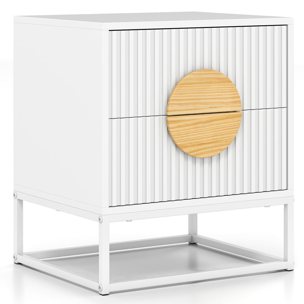 Modern Mid Century Fluted Nightstand with 2 Drawers and Pine Wood Handles for Bedroom