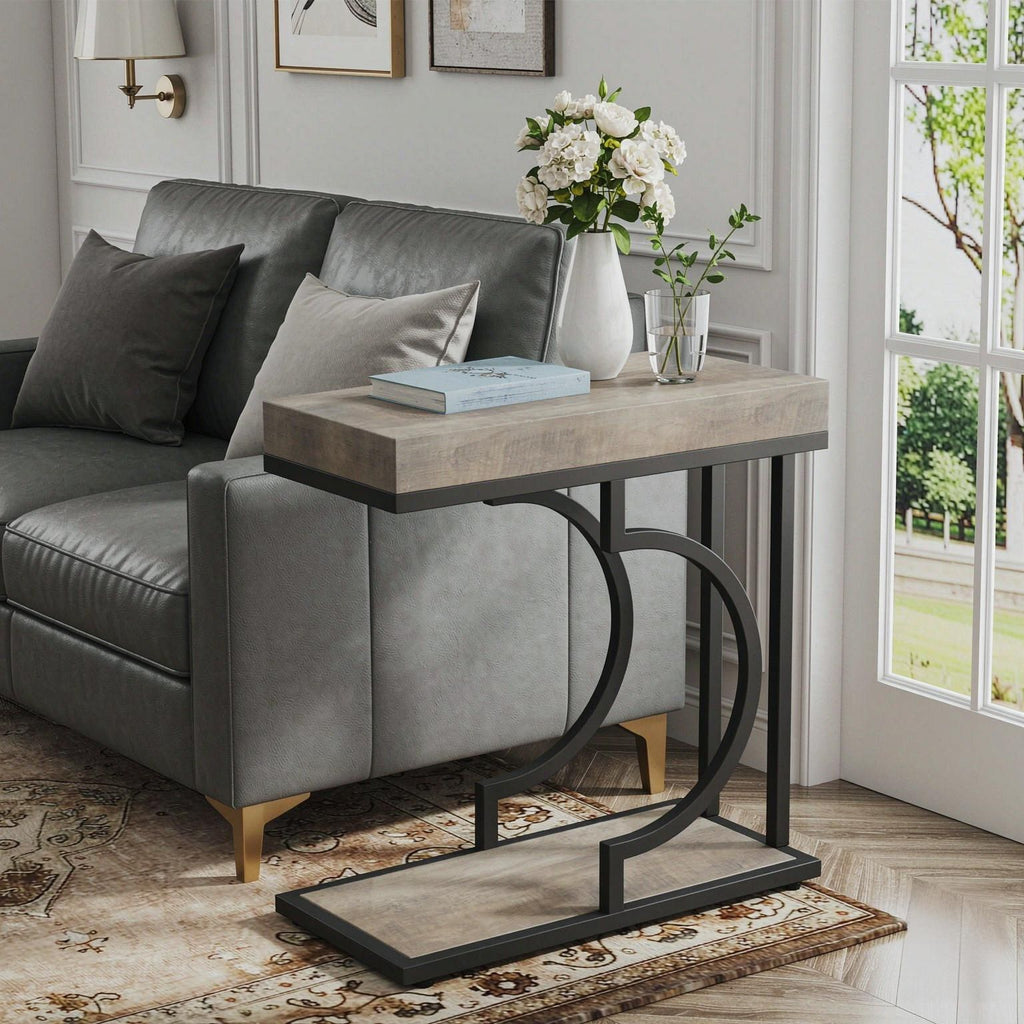 Modern Narrow C Table Bedside End Table with Metal Frame for Small Spaces Living Room Decor