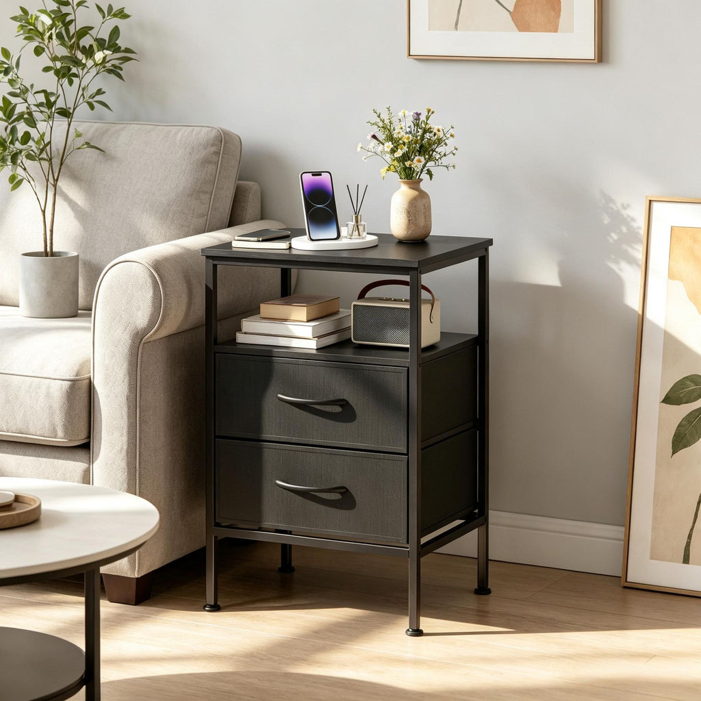 Modern Nightstand with Charging Station 24.5 Inch Bedside Table Featuring 2 Fabric Drawers for Stylish Storage