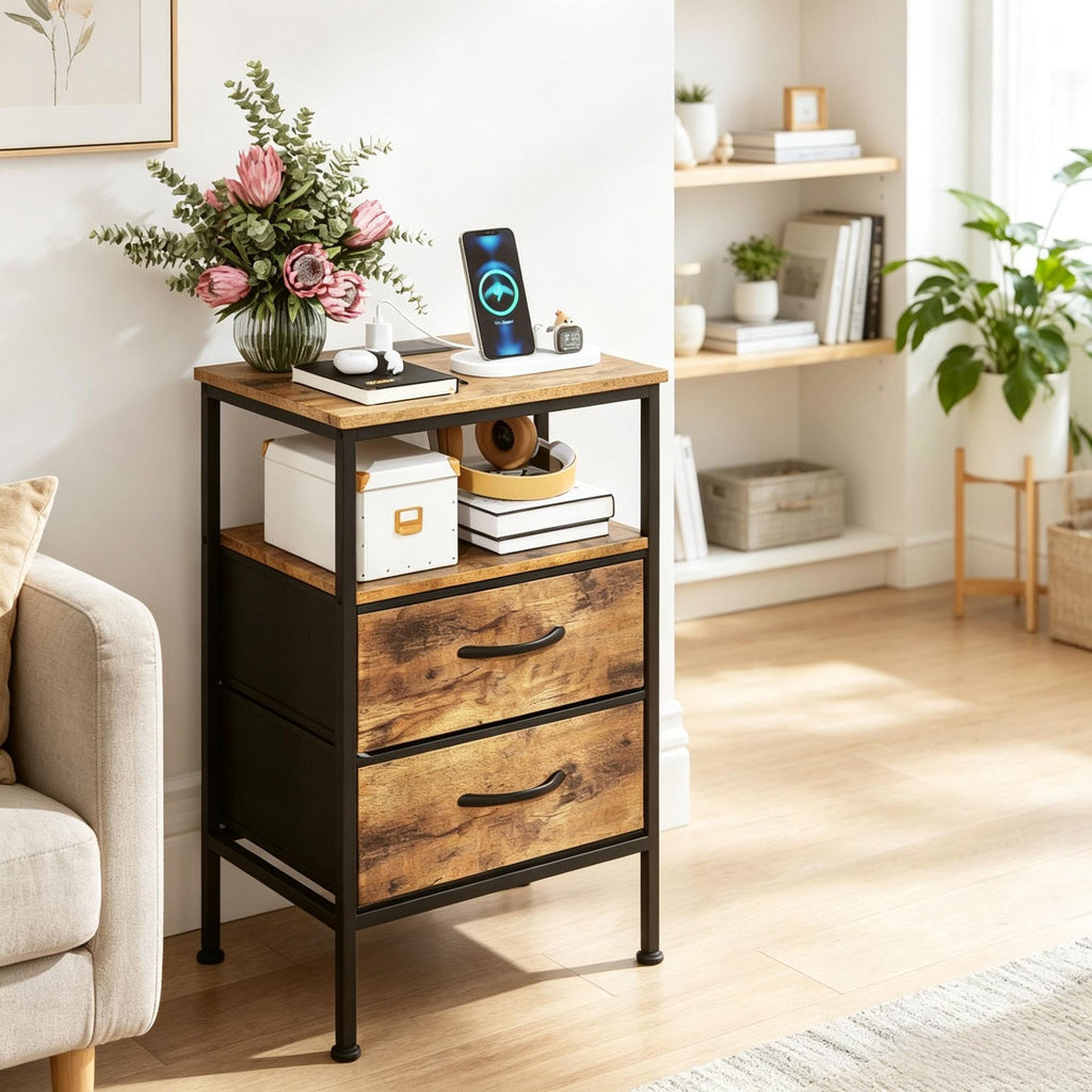 Modern Nightstand with Charging Station 24.5 Inch Bedside Table Featuring 2 Fabric Drawers for Stylish Storage