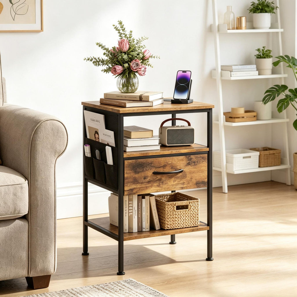 Modern Nightstand with Charging Station 24.5 Inch Fabric Drawer Bedside Table for Bedroom