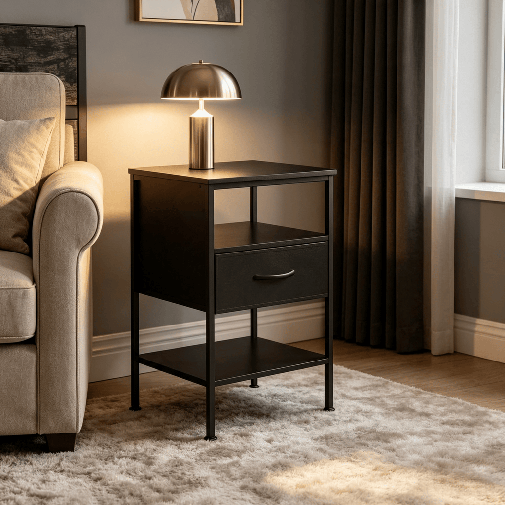 Modern Nightstand with Charging Station 24.5 Inch Fabric Drawer Bedside Table for Bedroom