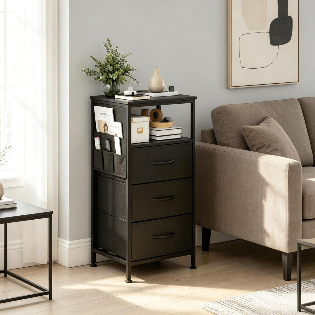 Modern Nightstand with Charging Station 27.5 Inch Bedside Table Featuring 3 Fabric Drawers for Stylish Storage