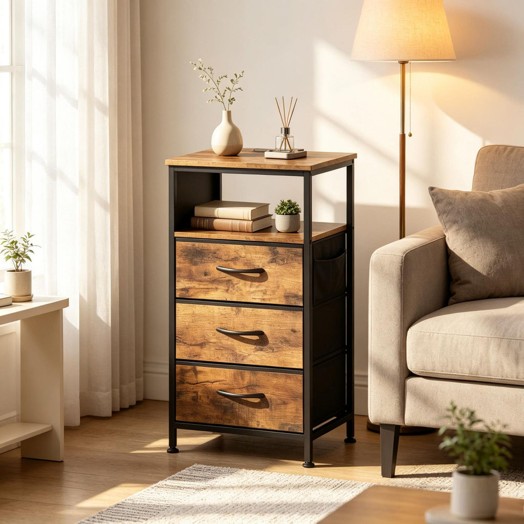 Modern Nightstand with Charging Station 27.5 Inch Bedside Table Featuring 3 Fabric Drawers for Stylish Storage