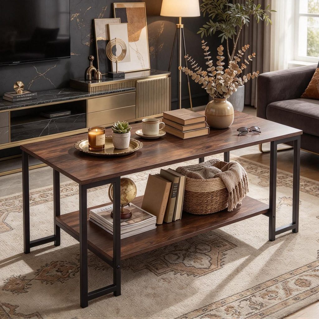 Modern Open Shelf Accent Table for Apartment Living Room Bedroom Hallway - Rustic Pine Wood Coffee Table with Storage