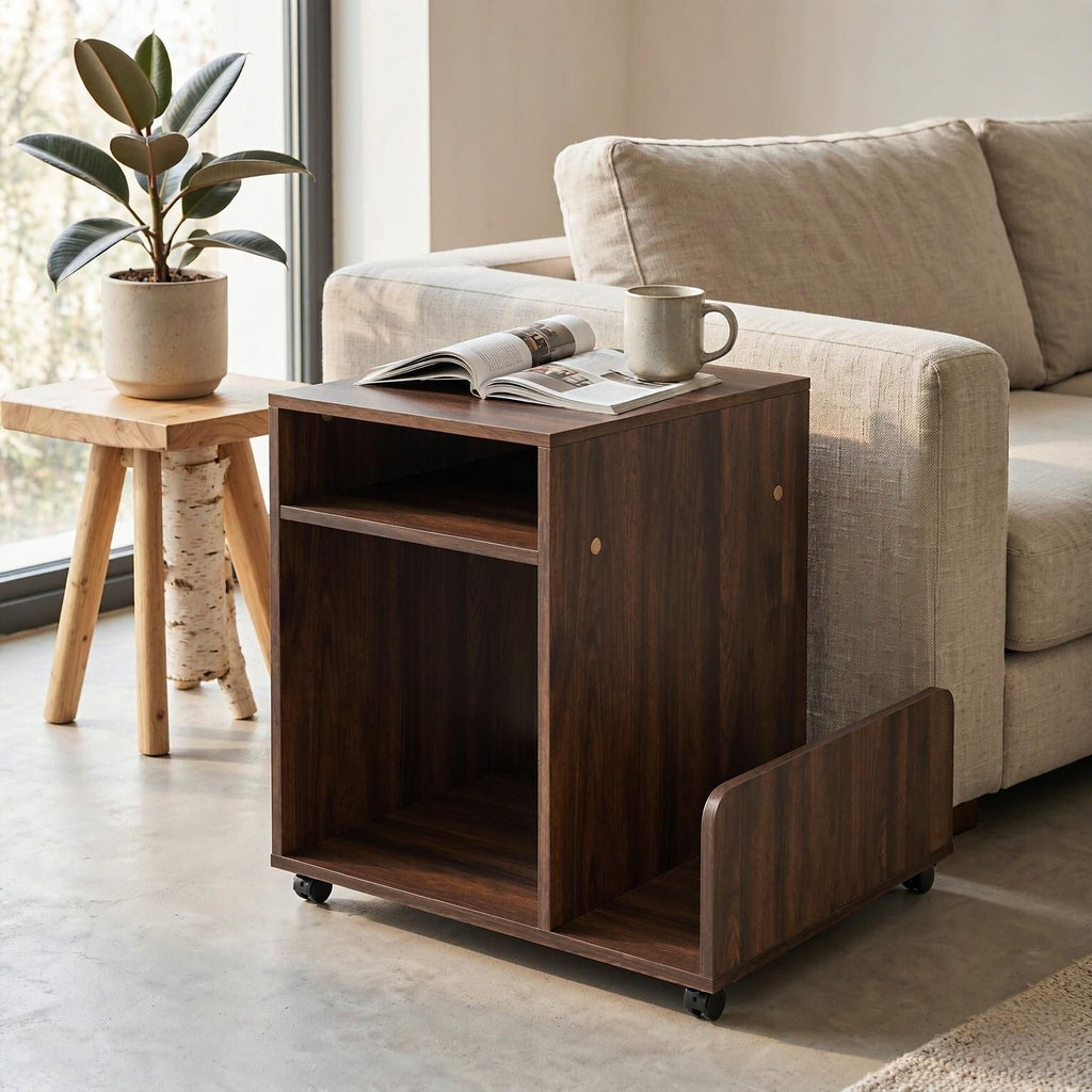 Modern Rolling End Table 3-Tier Mobile Side Table with Side Storage Rack Small Nightstand for Living Room Bedroom