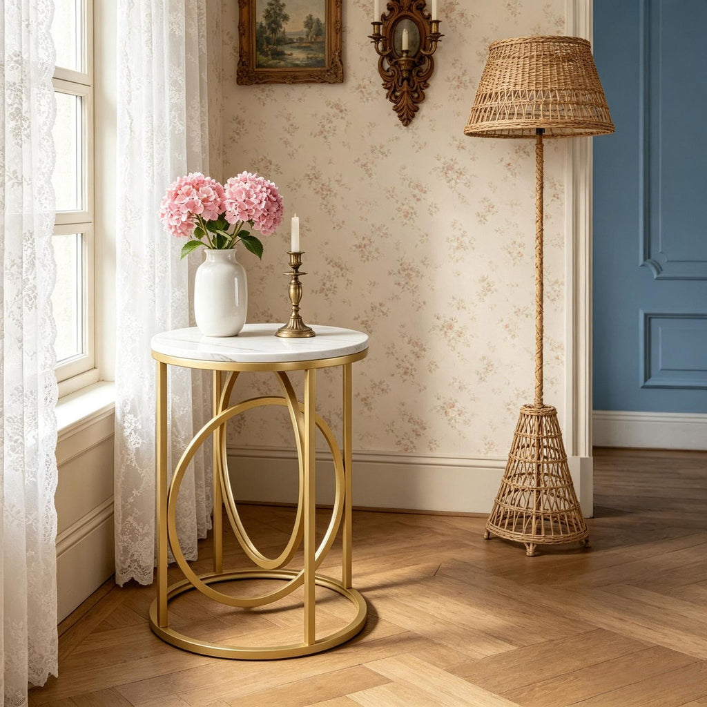 Modern round End Table Sofa Side Table with Faux Marble Top Living Room Decor Coffee Table