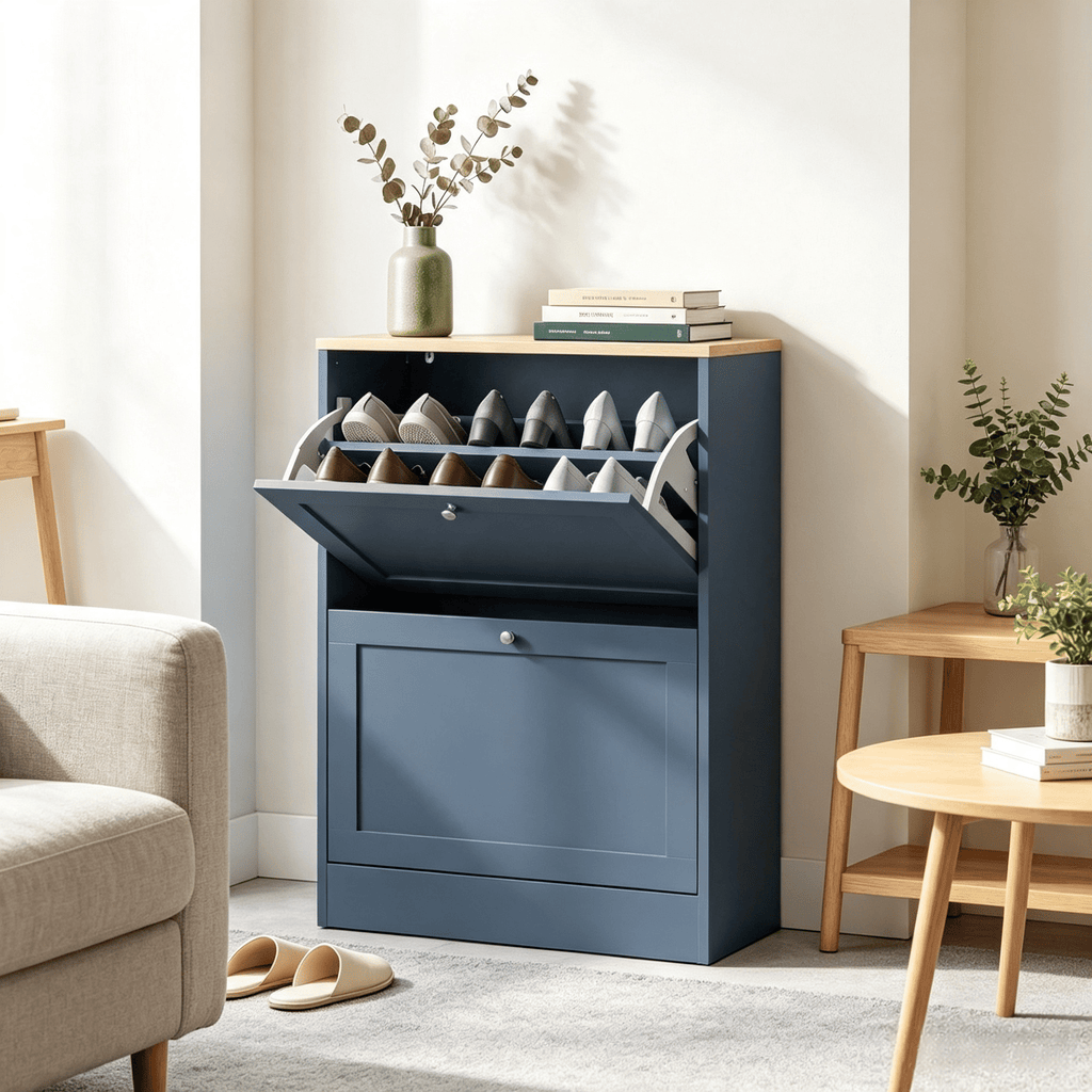Modern Slim Shoe Storage Cabinet Blue with 2 Flip Drawers And Adjustable Shelves for 8-12 Pairs of Shoes