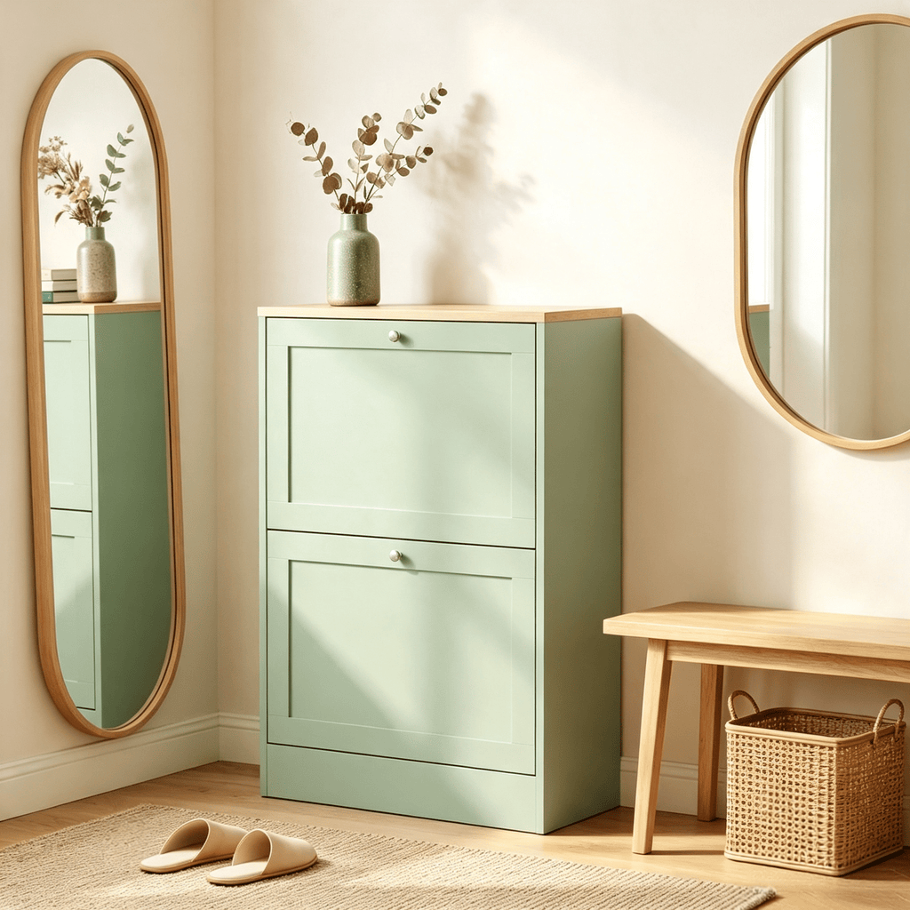 Modern Slim Shoe Storage Cabinet Green with 2 Flip Drawers And Adjustable Shelves for 8-12 Pairs of Shoes