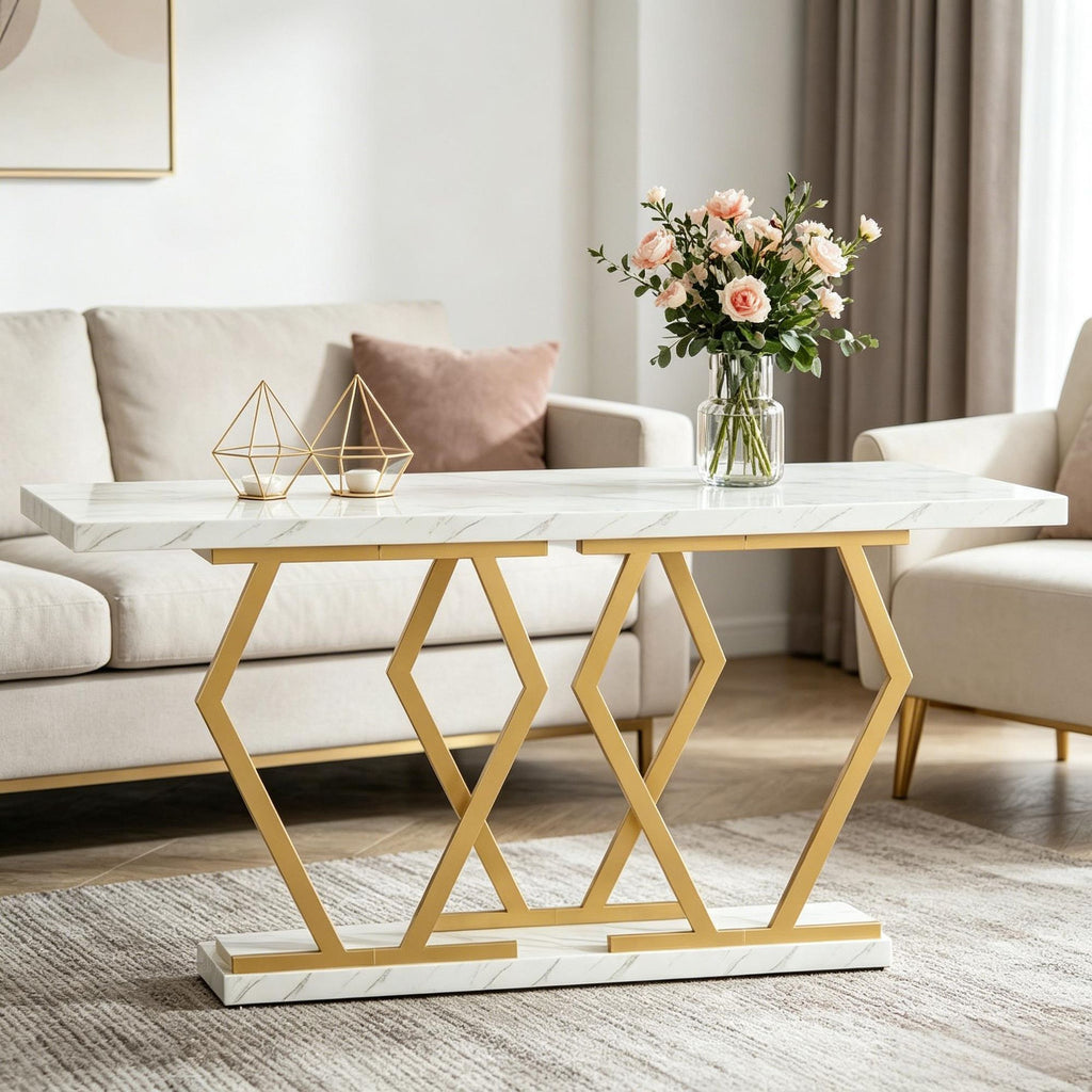 Modern Sofa Table with Faux Marble Tabletop 70.9 Inch Console Table for Living Room Decorative Storage Table