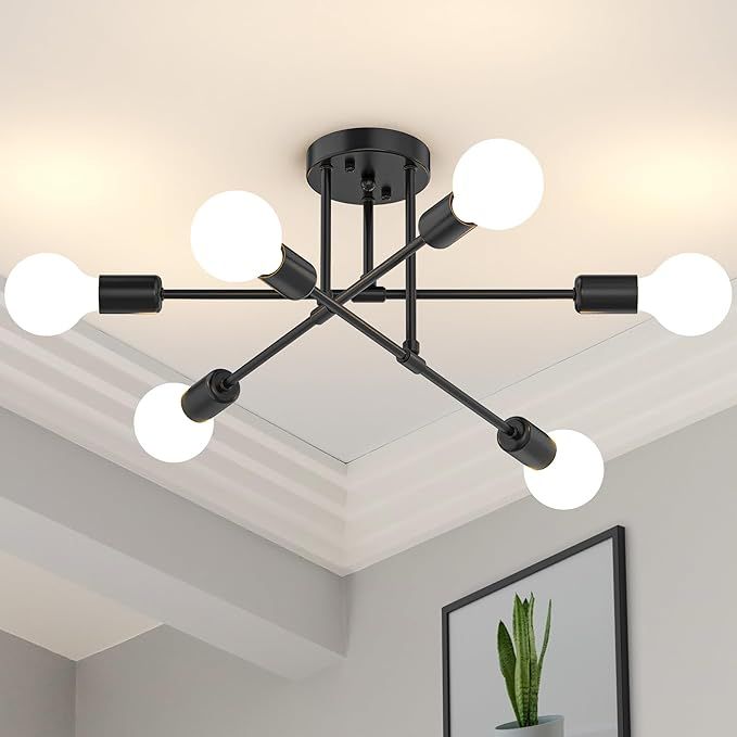 Modern Sputnik Chandelier Ceiling Light Fixtures, 6-Lights 22' Mid Century Industrial Metal Semi Flush Mount for Dining Room, Bedroom, Living Room-Black