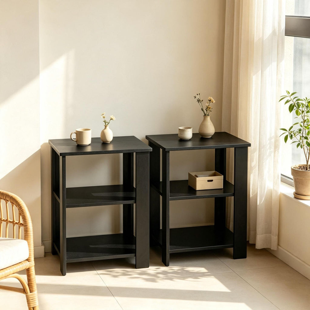 Modern three-level bedside table with square edge table, equipped with 2 open storage shelves, storing bedroom furniture