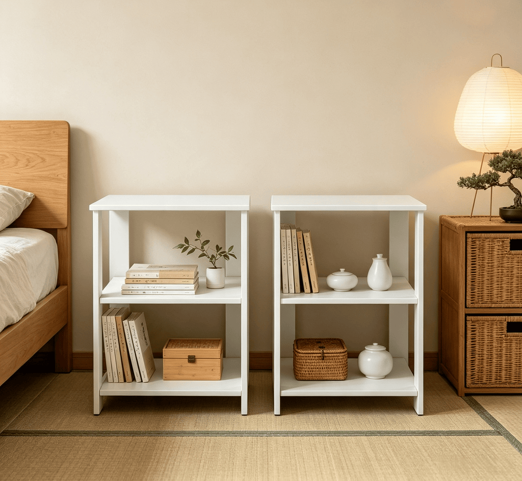 Modern three-level bedside table with square edge table, equipped with 2 open storage shelves, storing bedroom furniture