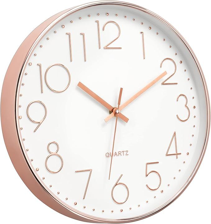 Modern Wall Clock 12 Inch Non-Ticking Silent Battery Operated Round Quartz Rose Gold Wall Clock for Office Bedroom Living Room Kitchen Home School Decor