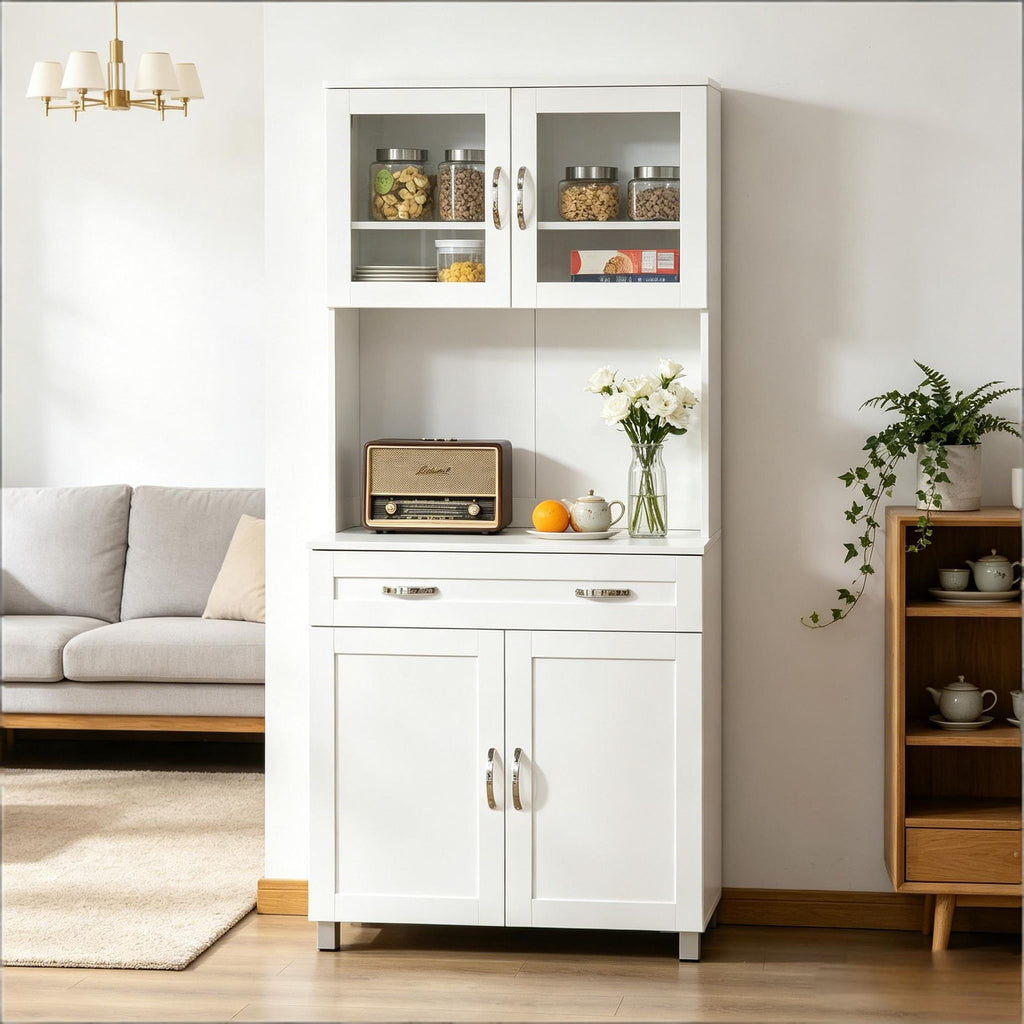 Modern White 67'' Kitchen Pantry Buffet with Hutch Freestanding Storage Cabinet Framed Glass Doors Shelves Drawers for Dining Room
