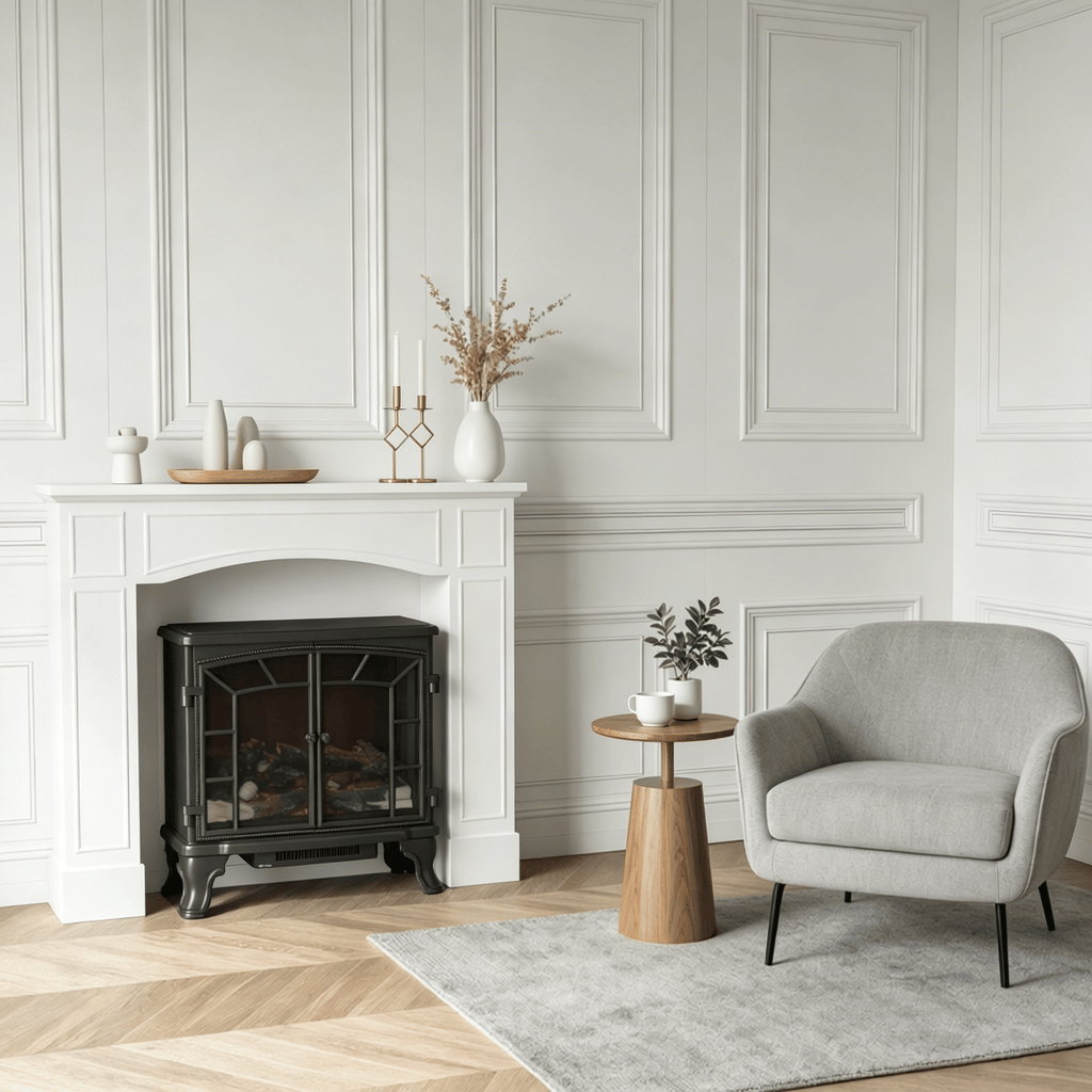 Modern White Fireplace Mantel Surround with Decorative Pattern Interior Width 29 Inch for Home Decor