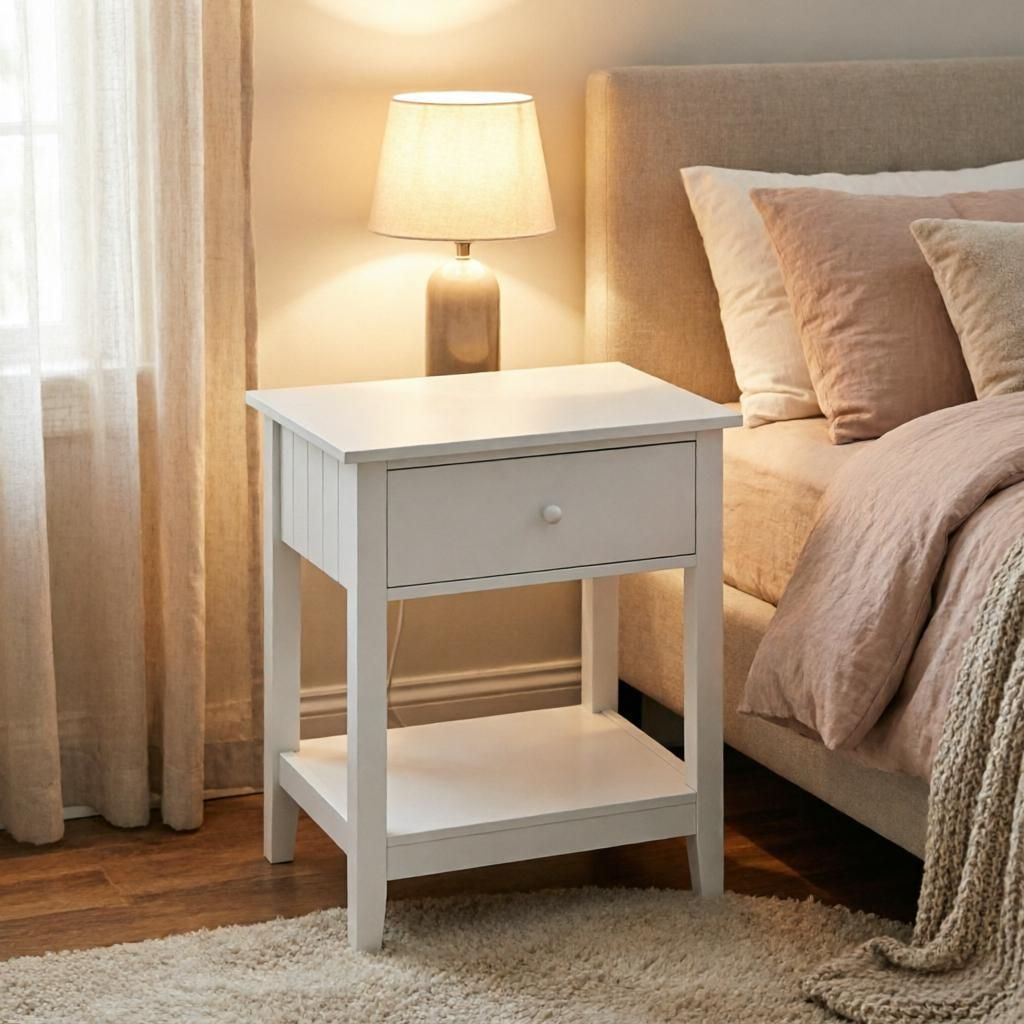 Modern White Side Table for Living Room 2-Tier End Table with Drawer And Storage Shelf Living Room Decorative Table