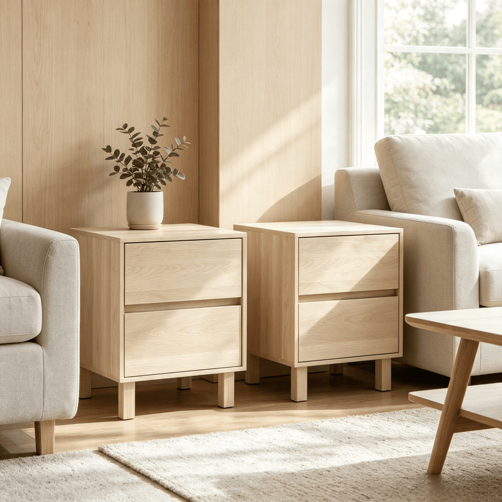 Modern Wooden End Table Set of 2 with 2 Storage Drawers Living Room Furniture Nightstand Table