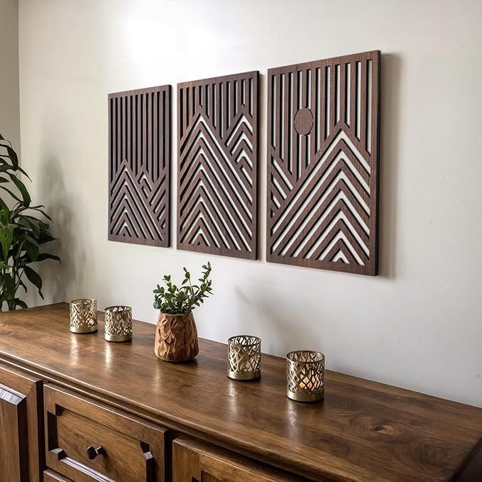 Modern Wooden Wall Sculptures - Set of 3 - MDF - Oak - Home Decor Accent - Large Wall Art for Living Room, Bedroom, Office - Easy Installation (Walnut, Medium - Mountain and Sun, Unframed)