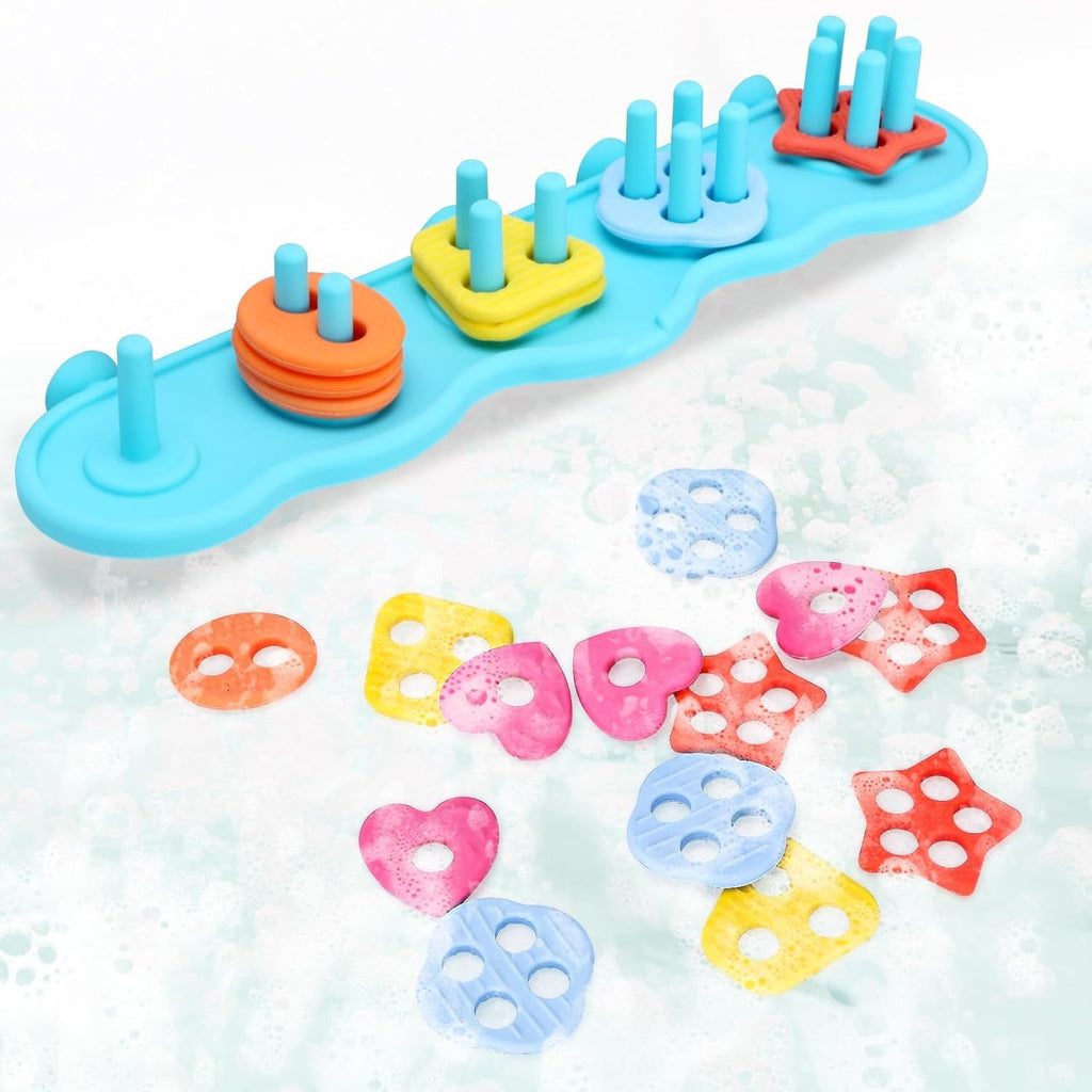 Mold Free Silcone Shape Sorting & Stacking Bath Toy Set with 20 Textured Floating Pieces